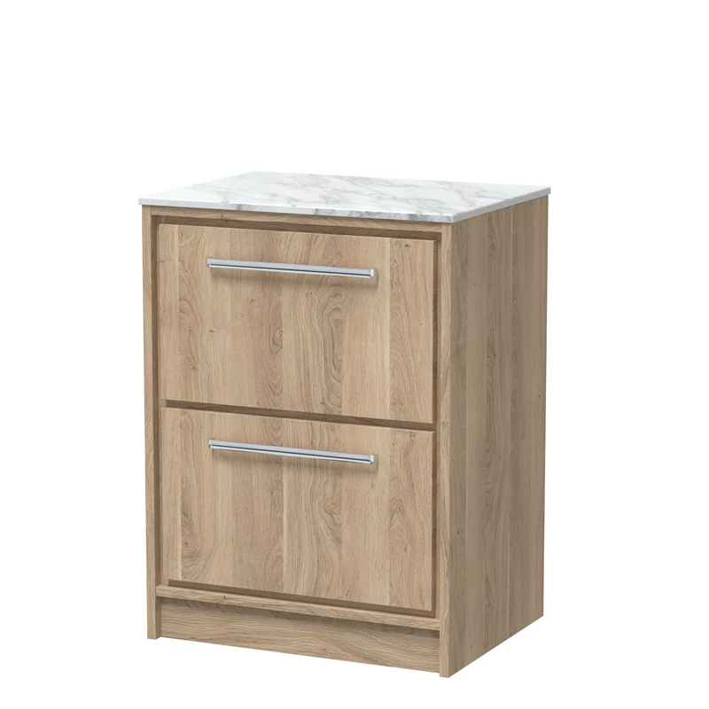 Lille 600mm Floor Standing 2 Drawer Vanity Unit & Carrera Marble Worktop - Bleached Oak Woodgrain
