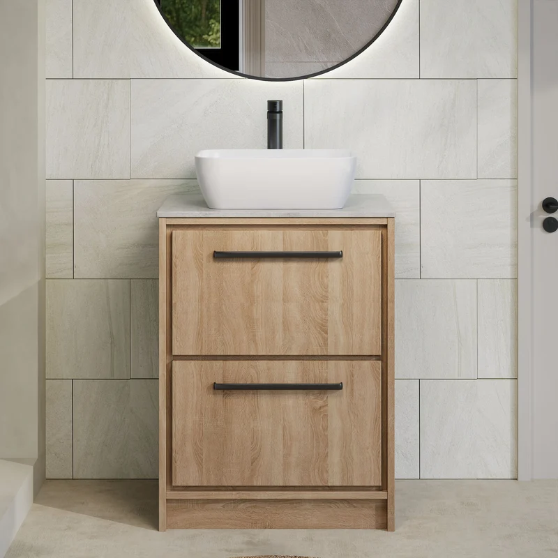 Lille 600mm Floor Standing 2 Drawer Vanity Unit & Grey Marble Worktop - Bleached Oak Woodgrain