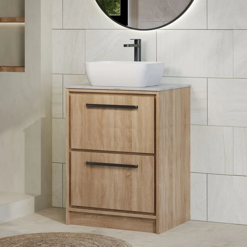 Lille 600mm Floor Standing 2 Drawer Vanity Unit & Grey Marble Worktop - Bleached Oak Woodgrain
