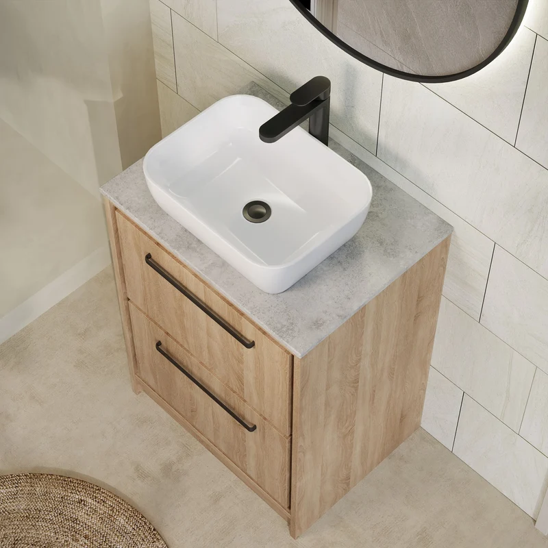 Lille 600mm Floor Standing 2 Drawer Vanity Unit & Grey Marble Worktop - Bleached Oak Woodgrain
