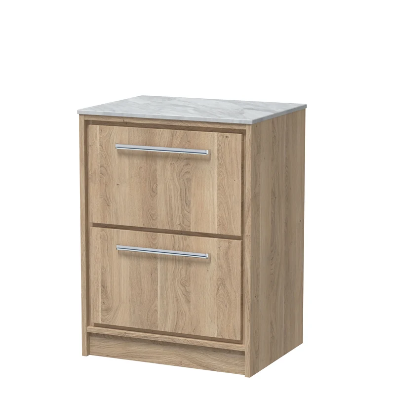 Lille 600mm Floor Standing 2 Drawer Vanity Unit & Grey Marble Worktop - Bleached Oak Woodgrain