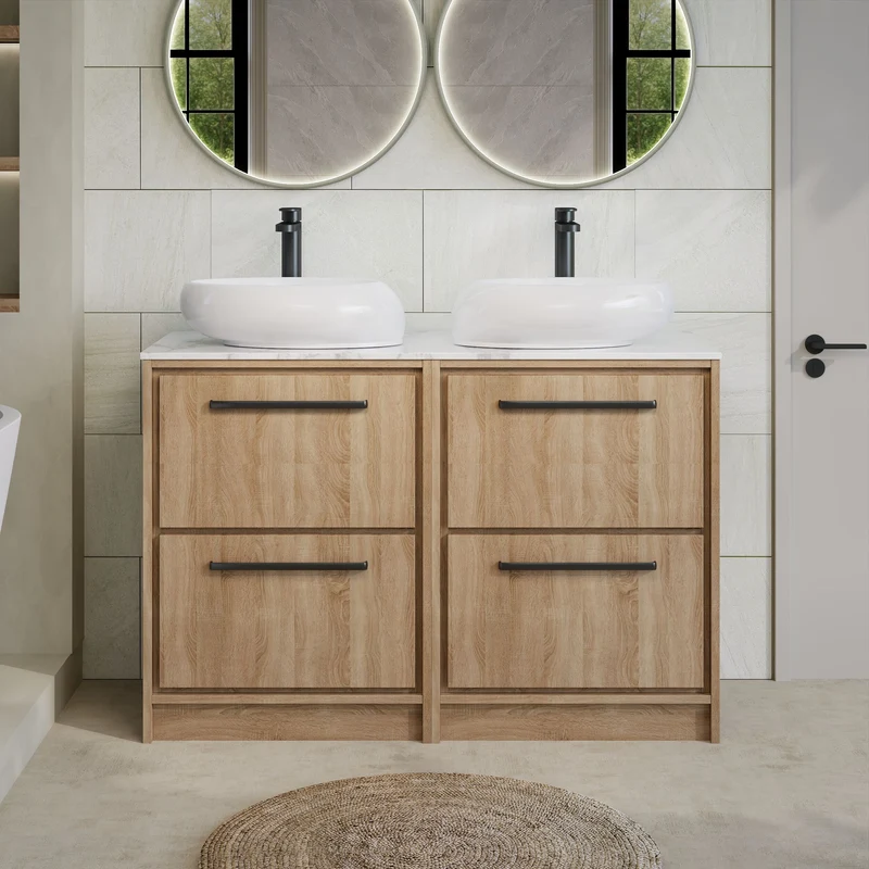 Lille 1200mm Floor Standing 4 Drawer Vanity Unit & Carrera Marble Worktop - Bleached Oak Woodgrain