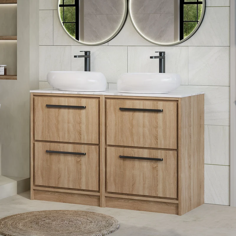 Lille 1200mm Floor Standing 4 Drawer Vanity Unit & Carrera Marble Worktop - Bleached Oak Woodgrain