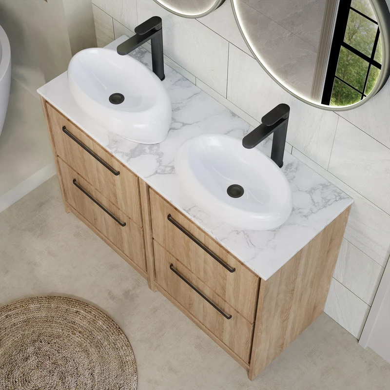 Lille 1200mm Floor Standing 4 Drawer Vanity Unit & Carrera Marble Worktop - Bleached Oak Woodgrain