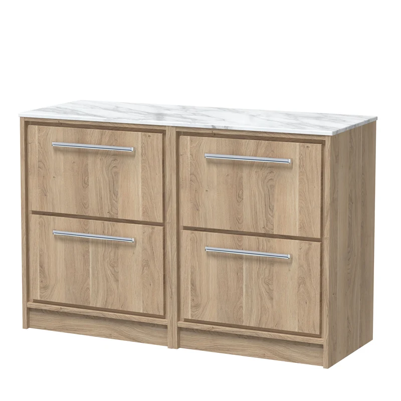 Lille 1200mm Floor Standing 4 Drawer Vanity Unit & Carrera Marble Worktop - Bleached Oak Woodgrain