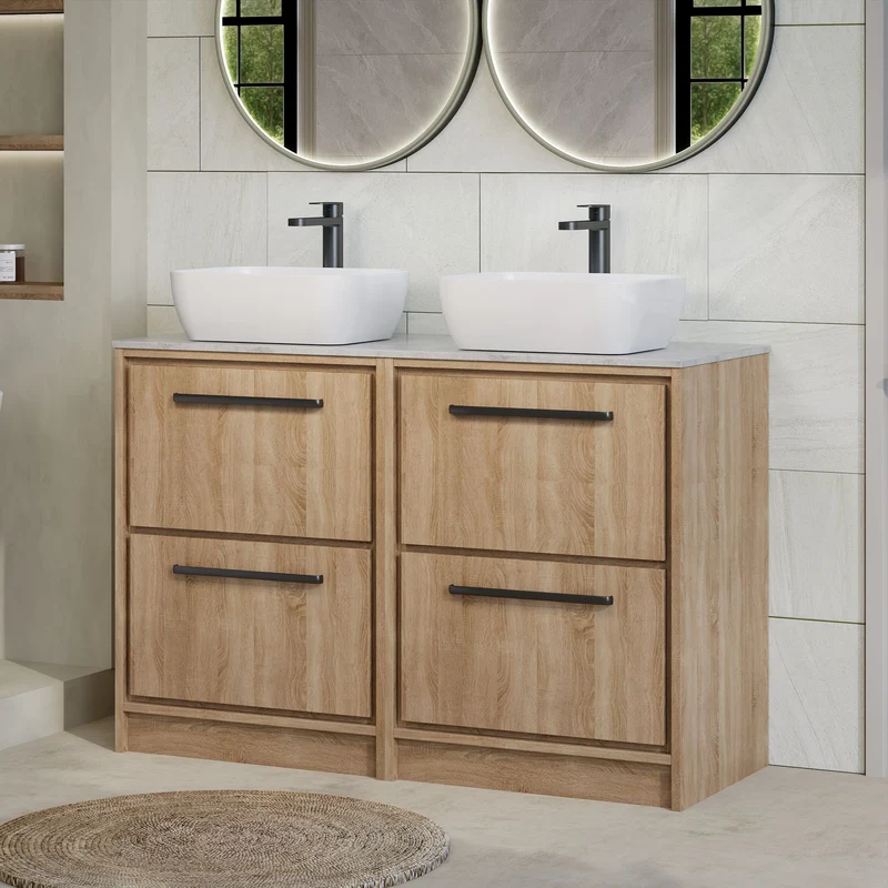 Lille 1200mm Floor Standing 4 Drawer Vanity Unit & Grey Marble Worktop - Bleached Oak Woodgrain