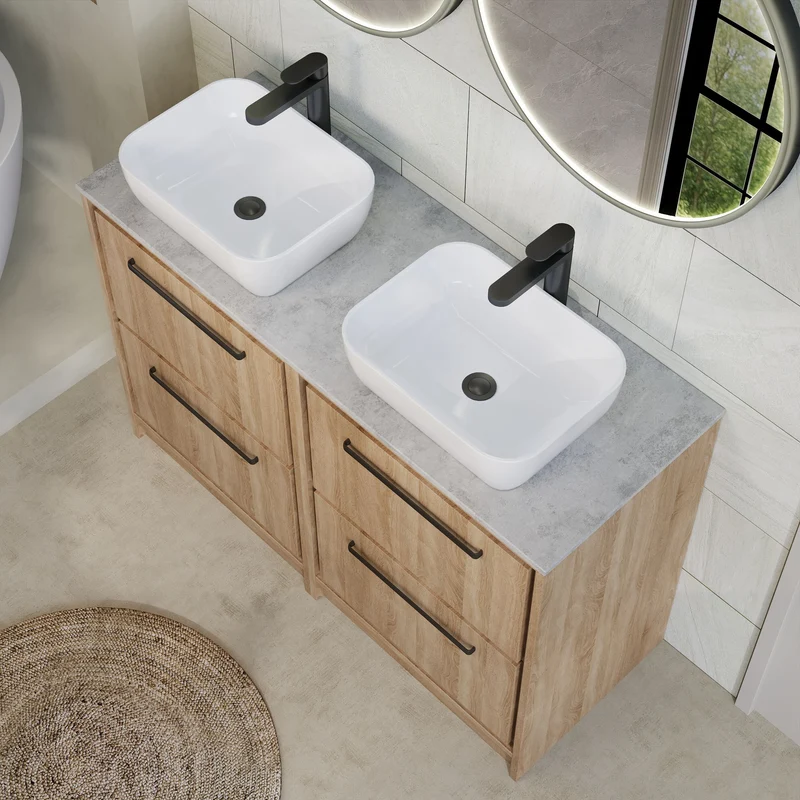Lille 1200mm Floor Standing 4 Drawer Vanity Unit & Grey Marble Worktop - Bleached Oak Woodgrain