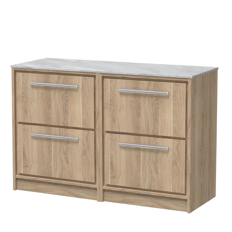 Lille 1200mm Floor Standing 4 Drawer Vanity Unit & Grey Marble Worktop - Bleached Oak Woodgrain
