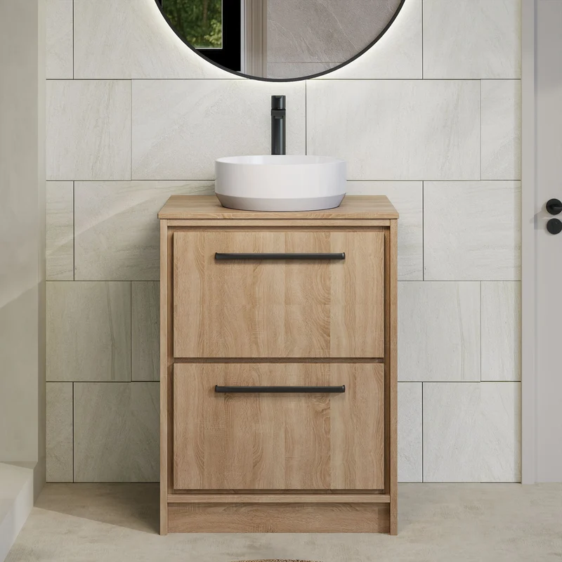 Lille 600mm Floor Standing 2 Drawer Vanity Unit & Worktop - Bleached Oak Woodgrain