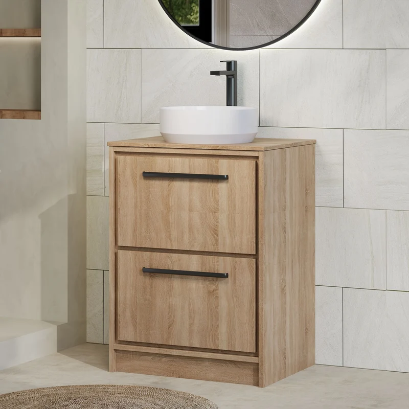 Lille 600mm Floor Standing 2 Drawer Vanity Unit & Worktop - Bleached Oak Woodgrain