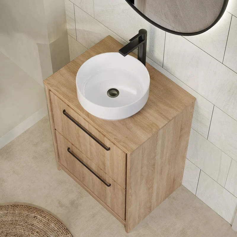 Lille 600mm Floor Standing 2 Drawer Vanity Unit & Worktop - Bleached Oak Woodgrain