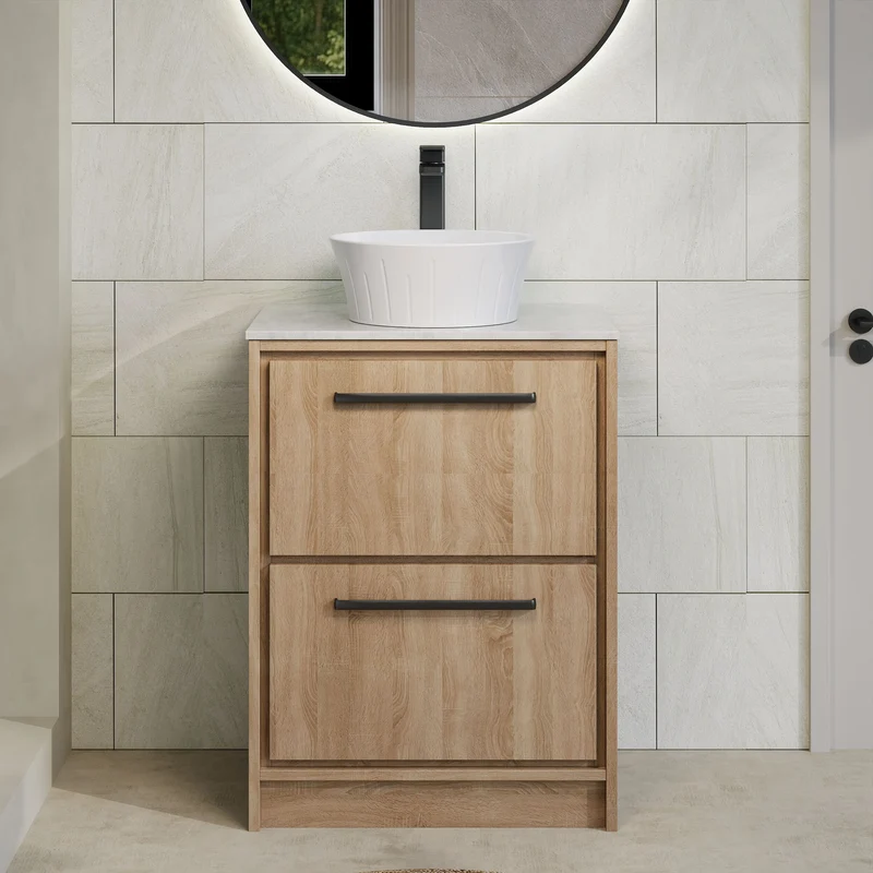 Lille 600mm Floor Standing 2 Drawer Vanity Unit & White Marble Worktop - Bleached Oak Woodgrain