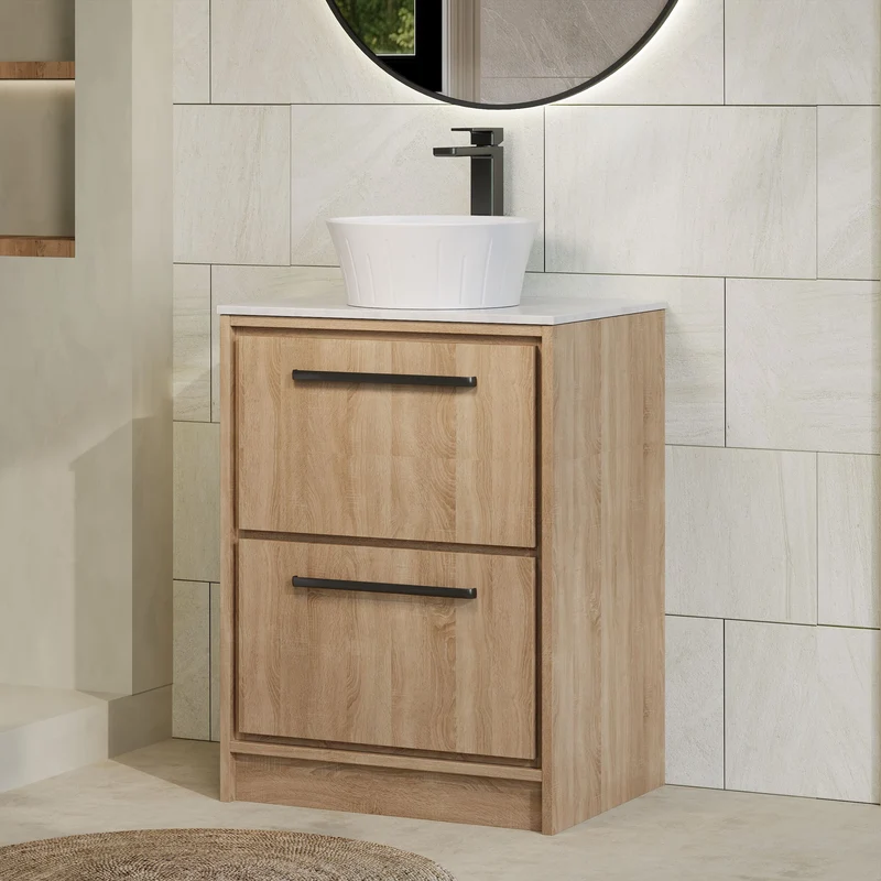 Lille 600mm Floor Standing 2 Drawer Vanity Unit & White Marble Worktop - Bleached Oak Woodgrain