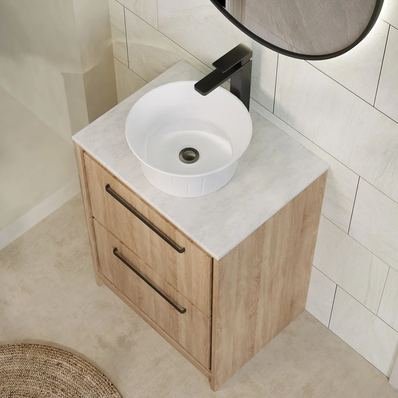 Lille 600mm Floor Standing 2 Drawer Vanity Unit & White Marble Worktop - Bleached Oak Woodgrain