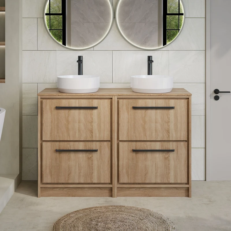 Lille 1200mm Floor Standing 4 Drawer Vanity Unit & Worktop - Bleached Oak Woodgrain