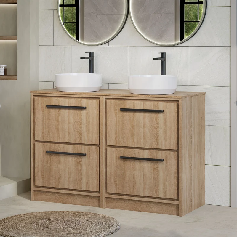 Lille 1200mm Floor Standing 4 Drawer Vanity Unit & Worktop - Bleached Oak Woodgrain