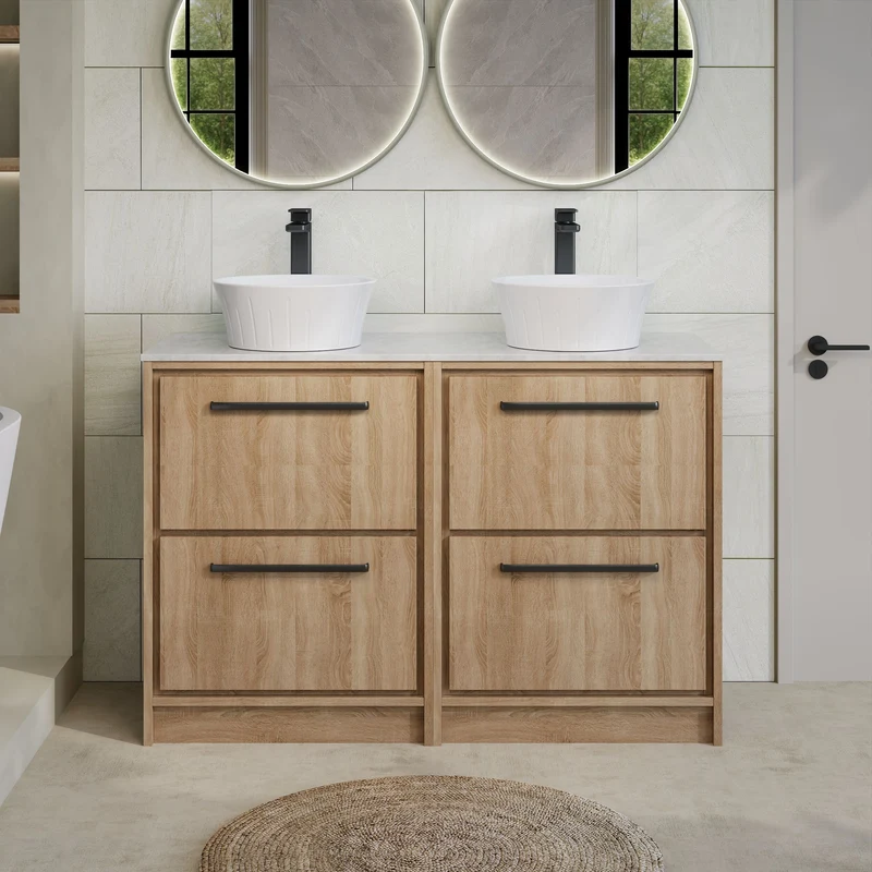 Lille 1200mm Floor Standing 4 Drawer Vanity Unit & White Marble Worktop - Bleached Oak Woodgrain