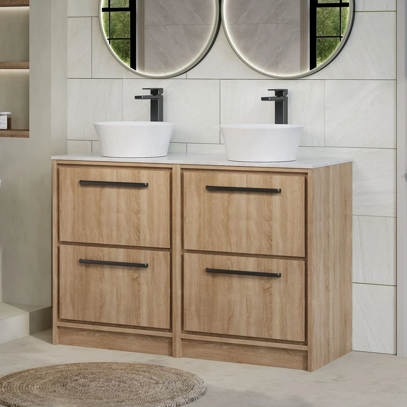 Lille 1200mm Floor Standing 4 Drawer Vanity Unit & White Marble Worktop - Bleached Oak Woodgrain
