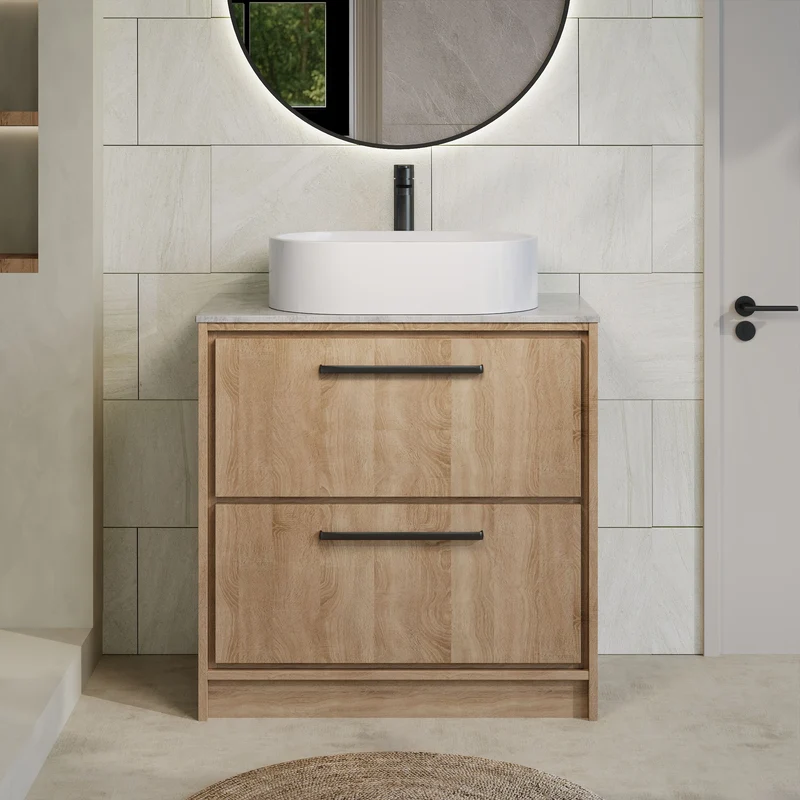 Lille 800mm Floor Standing 2 Drawer Vanity Unit & Grey Marble Worktop - Bleached Oak Woodgrain
