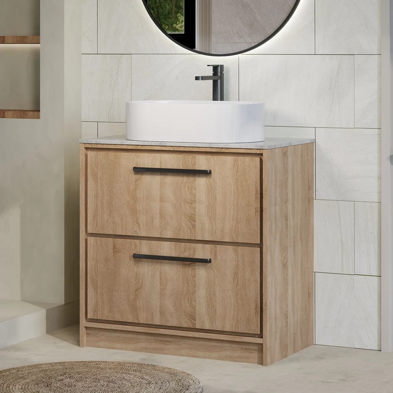 Lille 800mm Floor Standing 2 Drawer Vanity Unit & Grey Marble Worktop - Bleached Oak Woodgrain