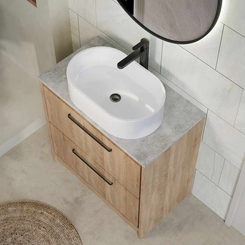 Lille 800mm Floor Standing 2 Drawer Vanity Unit & Grey Marble Worktop - Bleached Oak Woodgrain