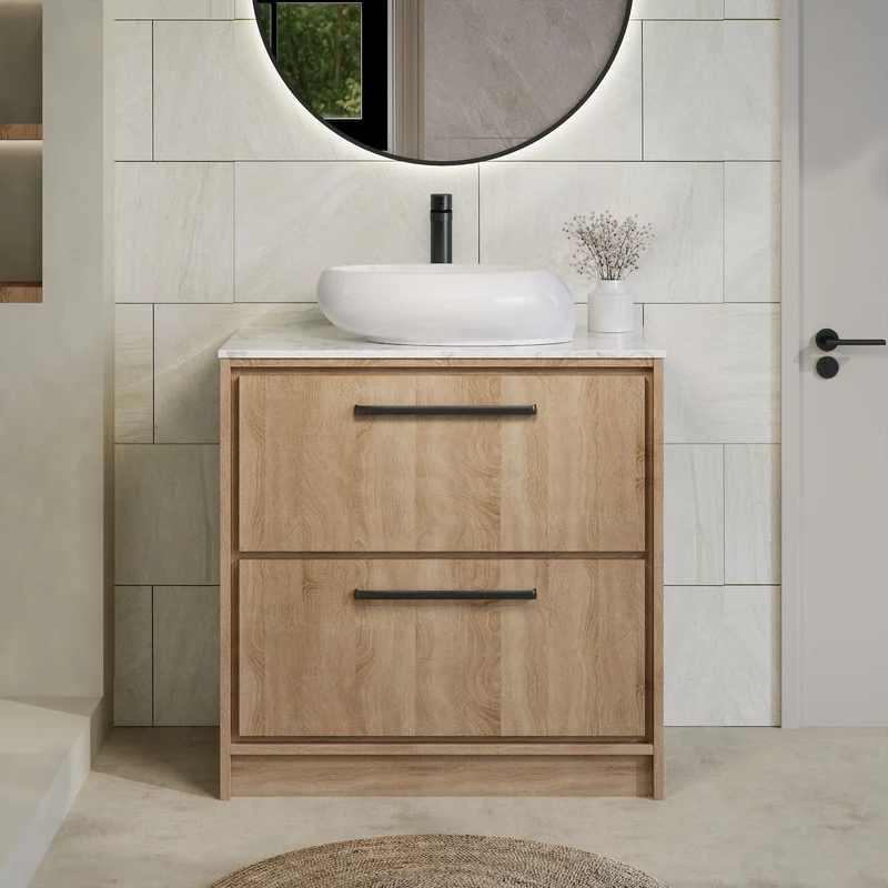 Lille 800mm Floor Standing 2 Drawer Vanity Unit & Carrera Marble Worktop - Bleached Oak Woodgrain