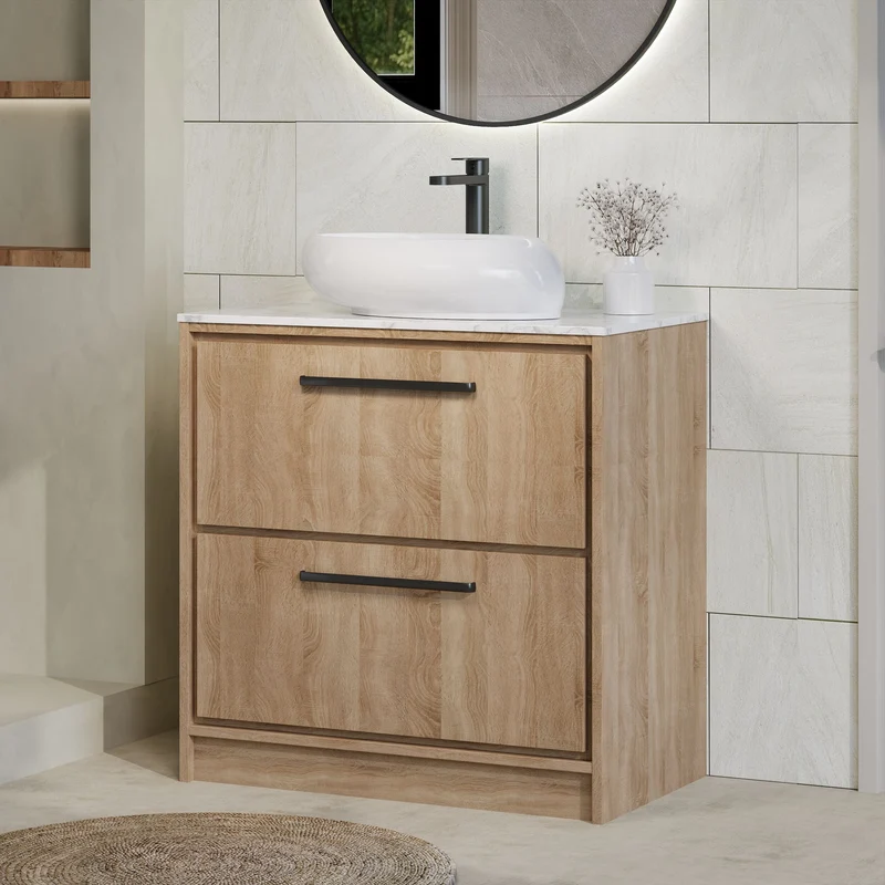 Lille 800mm Floor Standing 2 Drawer Vanity Unit & Carrera Marble Worktop - Bleached Oak Woodgrain