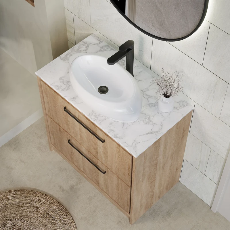 Lille 800mm Floor Standing 2 Drawer Vanity Unit & Carrera Marble Worktop - Bleached Oak Woodgrain