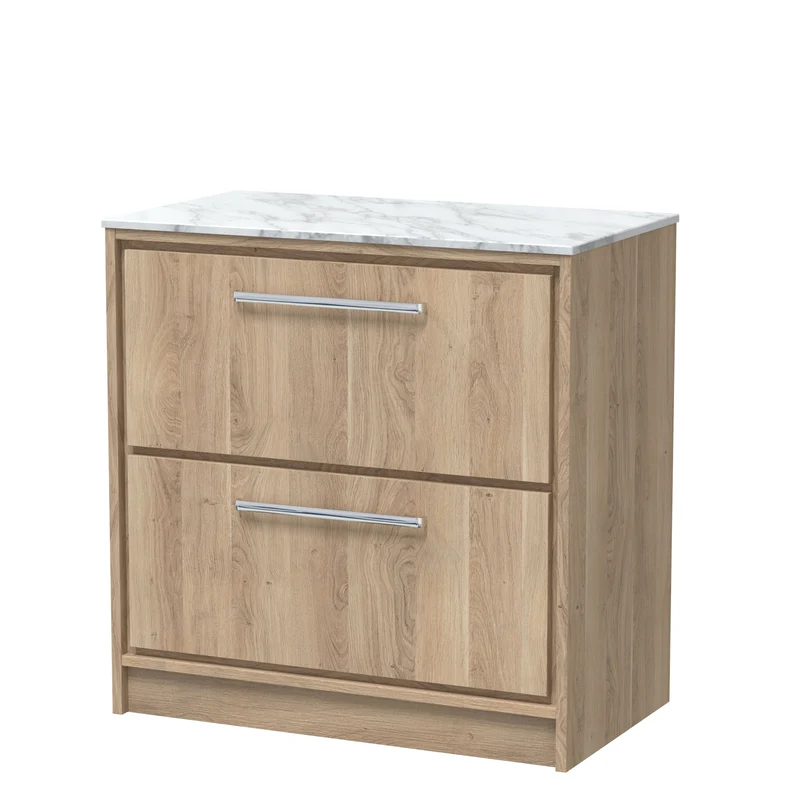 Lille 800mm Floor Standing 2 Drawer Vanity Unit & Carrera Marble Worktop - Bleached Oak Woodgrain