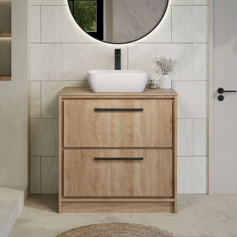 Lille 800mm Floor Standing 2 Drawer Vanity Unit & Worktop - Bleached Oak Woodgrain