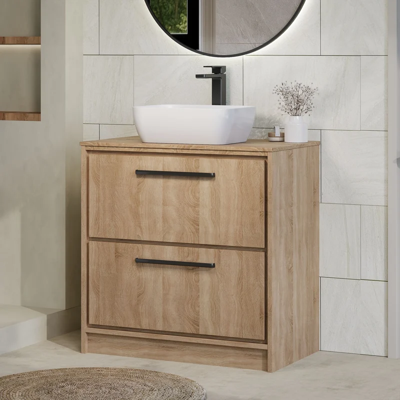 Lille 800mm Floor Standing 2 Drawer Vanity Unit & Worktop - Bleached Oak Woodgrain