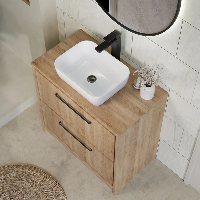 Lille 800mm Floor Standing 2 Drawer Vanity Unit & Worktop - Bleached Oak Woodgrain