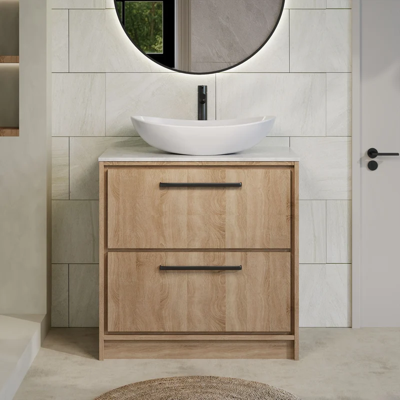 Lille 800mm Floor Standing 2 Drawer Vanity Unit & White Marble Worktop - Bleached Oak Woodgrain