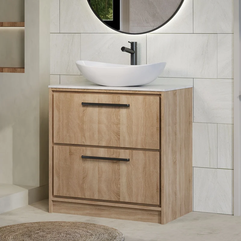 Lille 800mm Floor Standing 2 Drawer Vanity Unit & White Marble Worktop - Bleached Oak Woodgrain