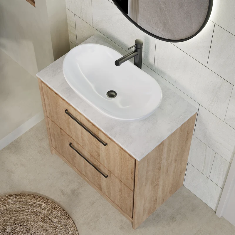 Lille 800mm Floor Standing 2 Drawer Vanity Unit & White Marble Worktop - Bleached Oak Woodgrain