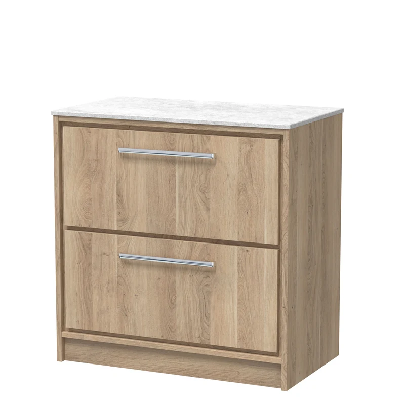 Lille 800mm Floor Standing 2 Drawer Vanity Unit & White Marble Worktop - Bleached Oak Woodgrain