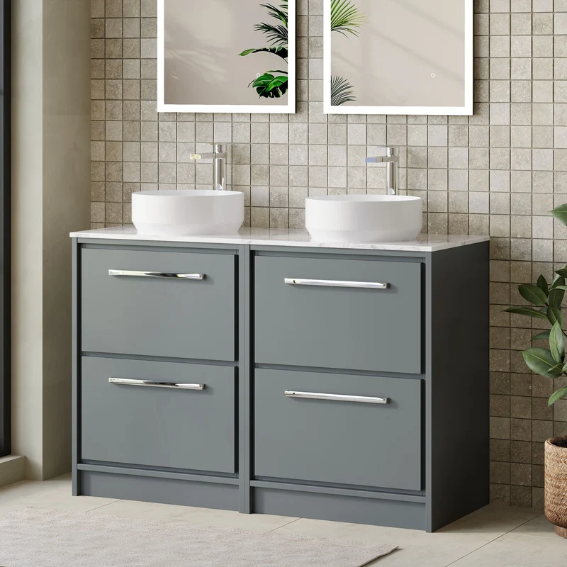 Lille 1200mm Floor Standing 4 Drawer Vanity Unit & Carrera Marble Worktop - Coastal Grey Matt