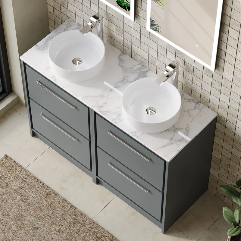 Lille 1200mm Floor Standing 4 Drawer Vanity Unit & Carrera Marble Worktop - Coastal Grey Matt