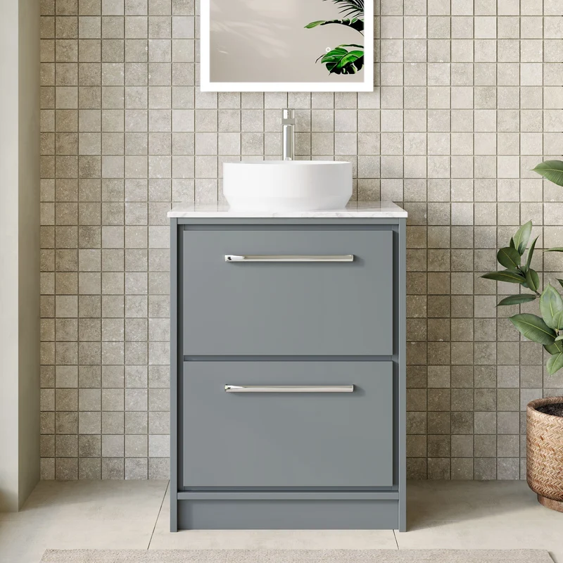 Lille 600mm Floor Standing 2 Drawer Vanity Unit & Carrera Marble Worktop - Coastal Grey Matt