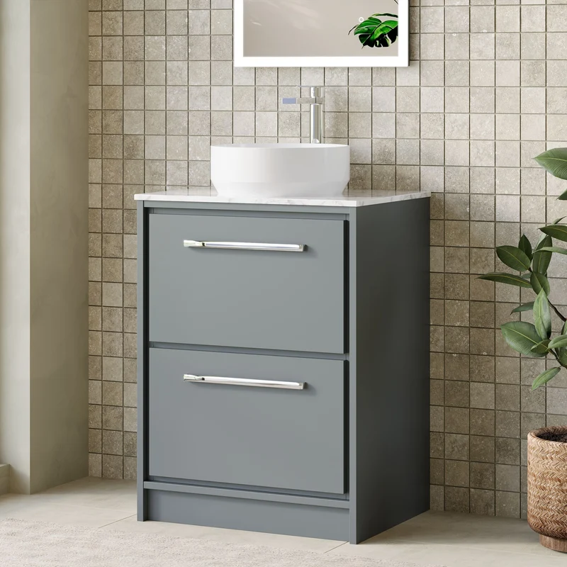 Lille 600mm Floor Standing 2 Drawer Vanity Unit & Carrera Marble Worktop - Coastal Grey Matt