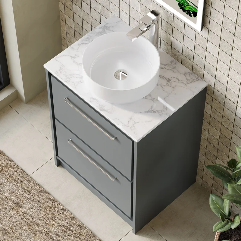 Lille 600mm Floor Standing 2 Drawer Vanity Unit & Carrera Marble Worktop - Coastal Grey Matt