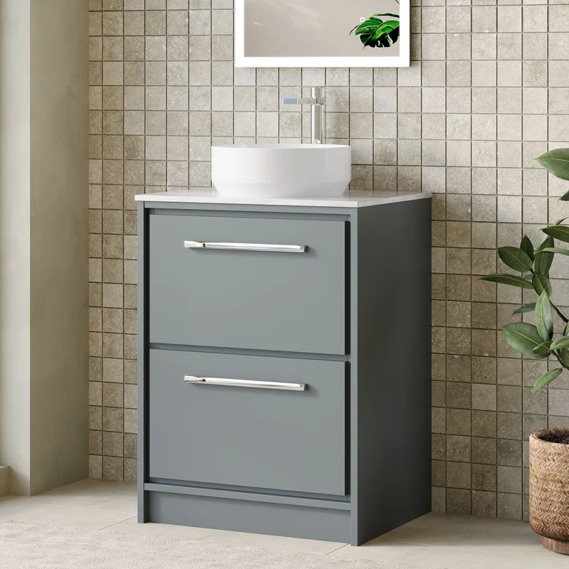Lille 600mm Floor Standing 2 Drawer Vanity Unit & Grey Marble Worktop - Coastal Grey Matt