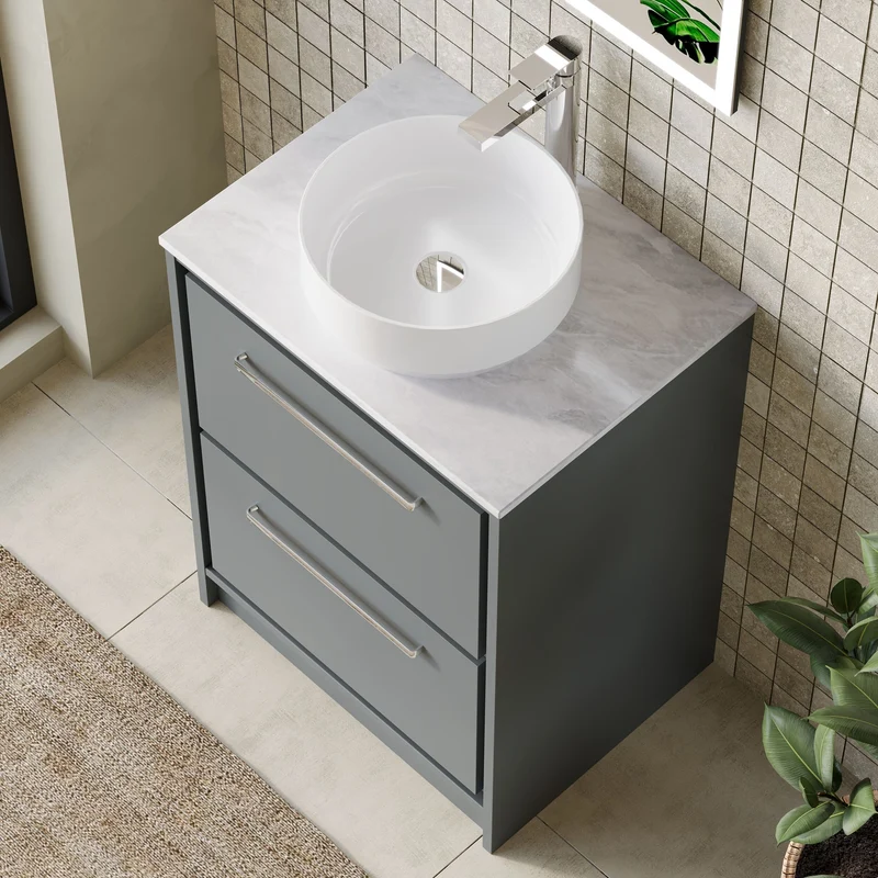 Lille 600mm Floor Standing 2 Drawer Vanity Unit & Grey Marble Worktop - Coastal Grey Matt