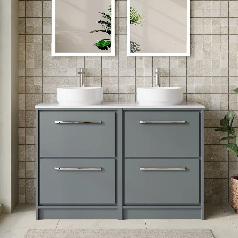 Lille 1200mm Floor Standing 4 Drawer Vanity Unit & Grey Marble Worktop - Coastal Grey Matt