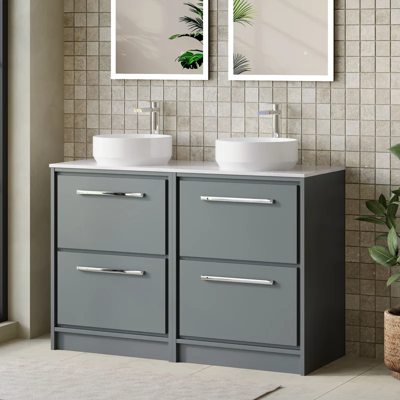 Lille 1200mm Floor Standing 4 Drawer Vanity Unit & Grey Marble Worktop - Coastal Grey Matt