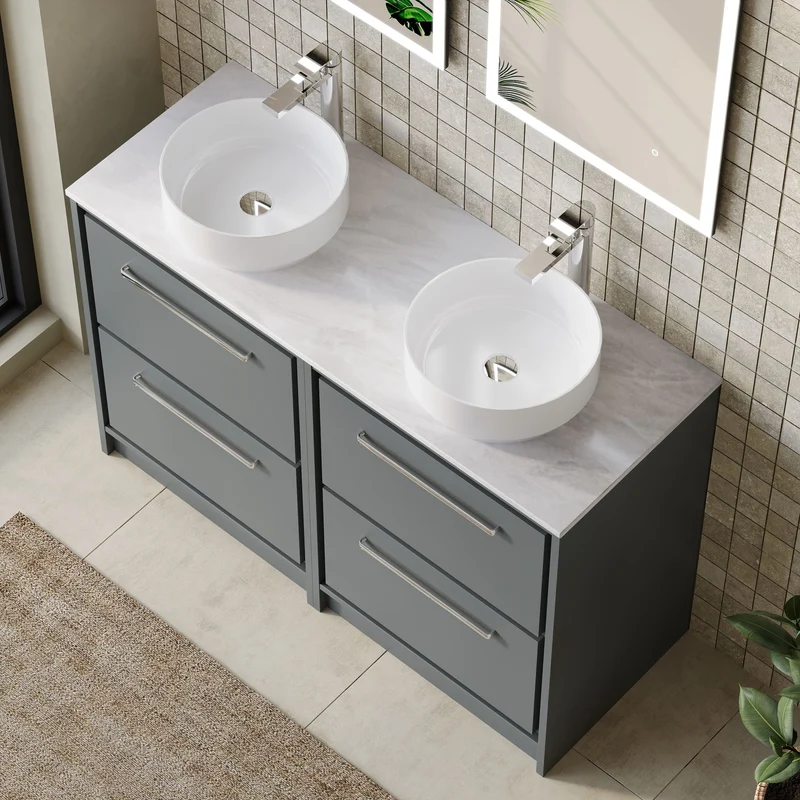 Lille 1200mm Floor Standing 4 Drawer Vanity Unit & Grey Marble Worktop - Coastal Grey Matt