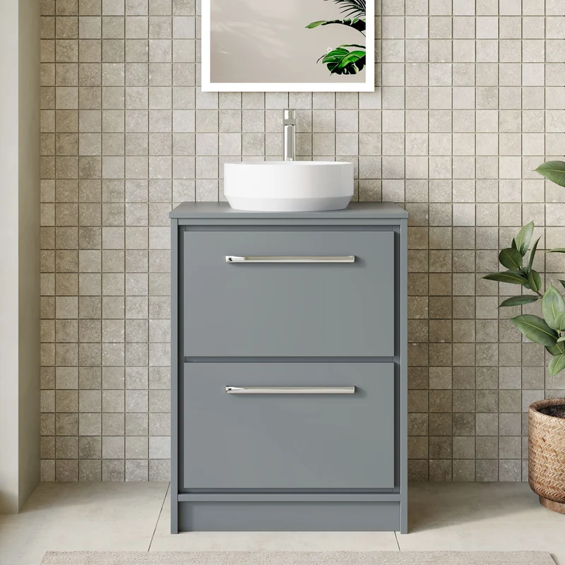 Lille 600mm Floor Standing 2 Drawer Vanity Unit & Worktop - Coastal Grey Matt
