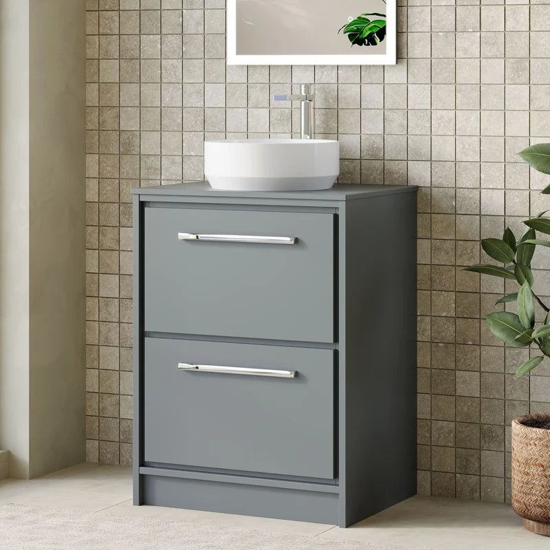 Lille 600mm Floor Standing 2 Drawer Vanity Unit & Worktop - Coastal Grey Matt