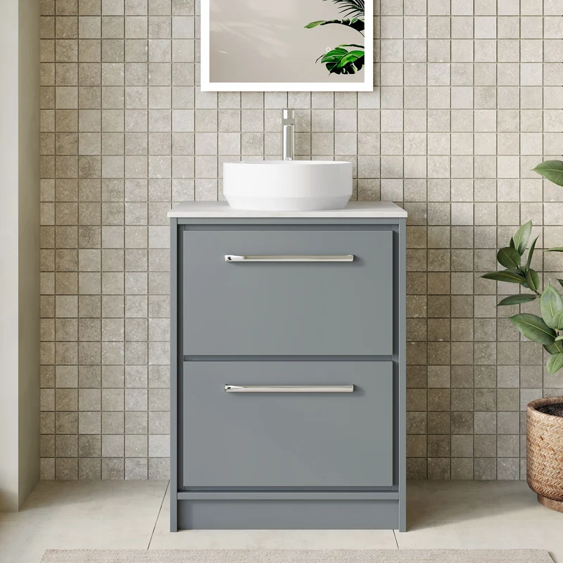 Lille 600mm Floor Standing 2 Drawer Vanity Unit & White Marble Worktop - Coastal Grey Matt