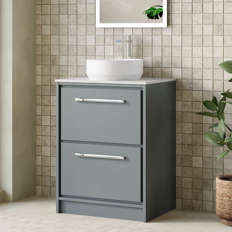 Lille 600mm Floor Standing 2 Drawer Vanity Unit & White Marble Worktop - Coastal Grey Matt